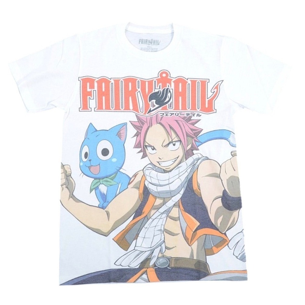 Fairy Tail Natsu Dragneel Happy Graphic T-Shirt White Large Funimation Anime Tee